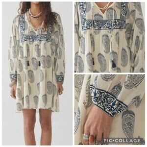 Maison Hotel Boho Tunic Top S Paisley Print Blue Cotton Peasant Blouse Indie